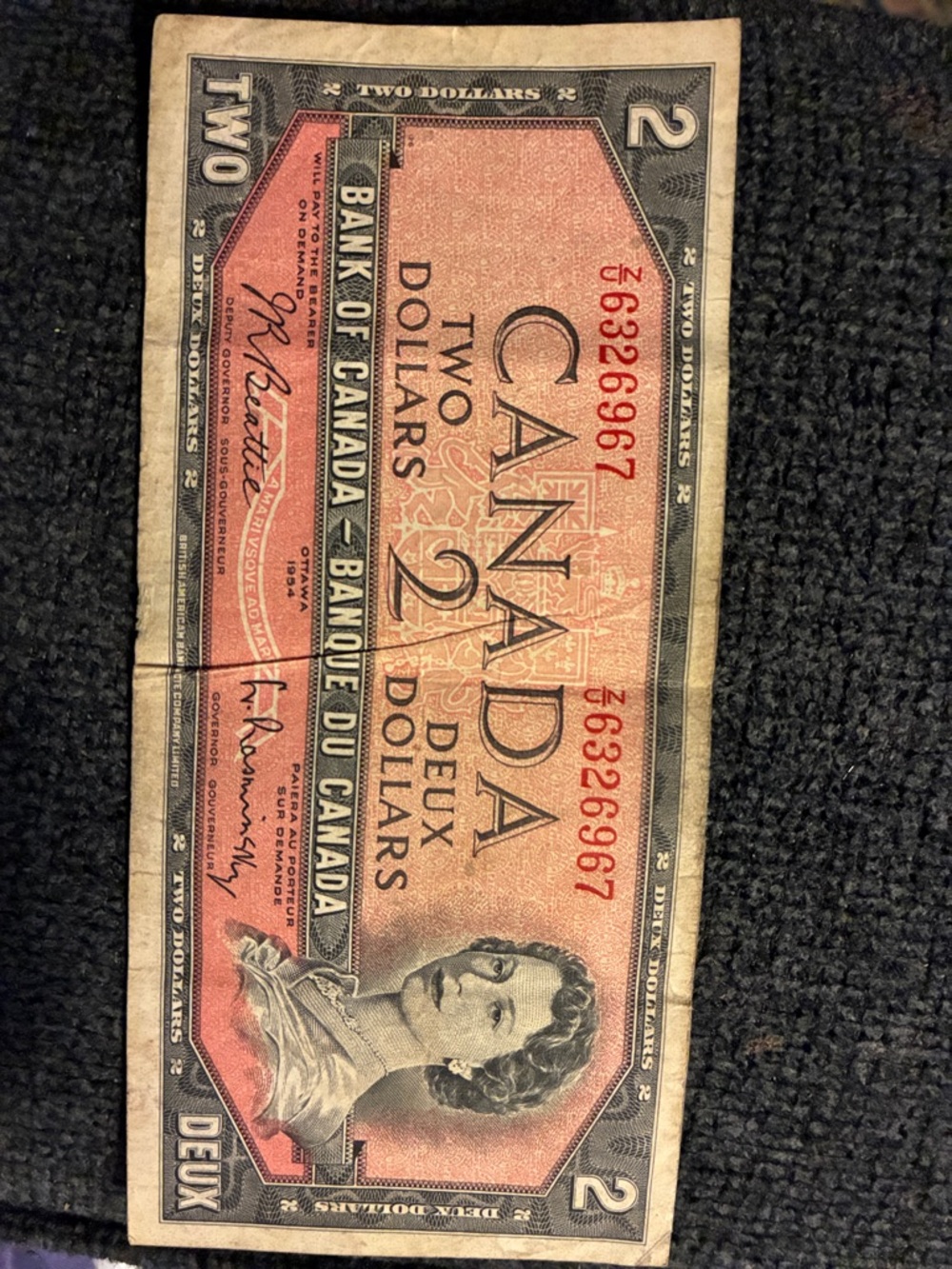 Vintage Canada Two Dollar Bill - Red and Black